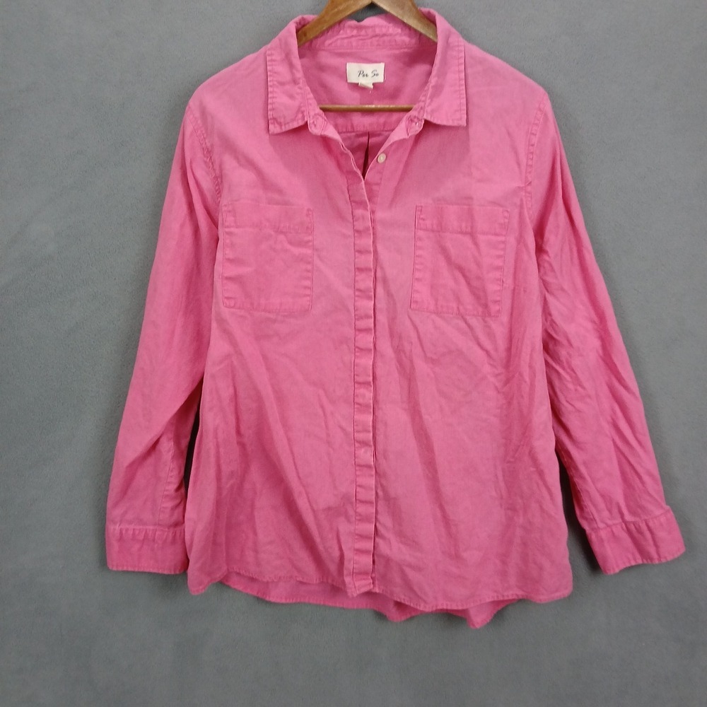 Per SE Shirt Womens XL Pink Linen Back Box Round Hem Button Up Casual Comfort